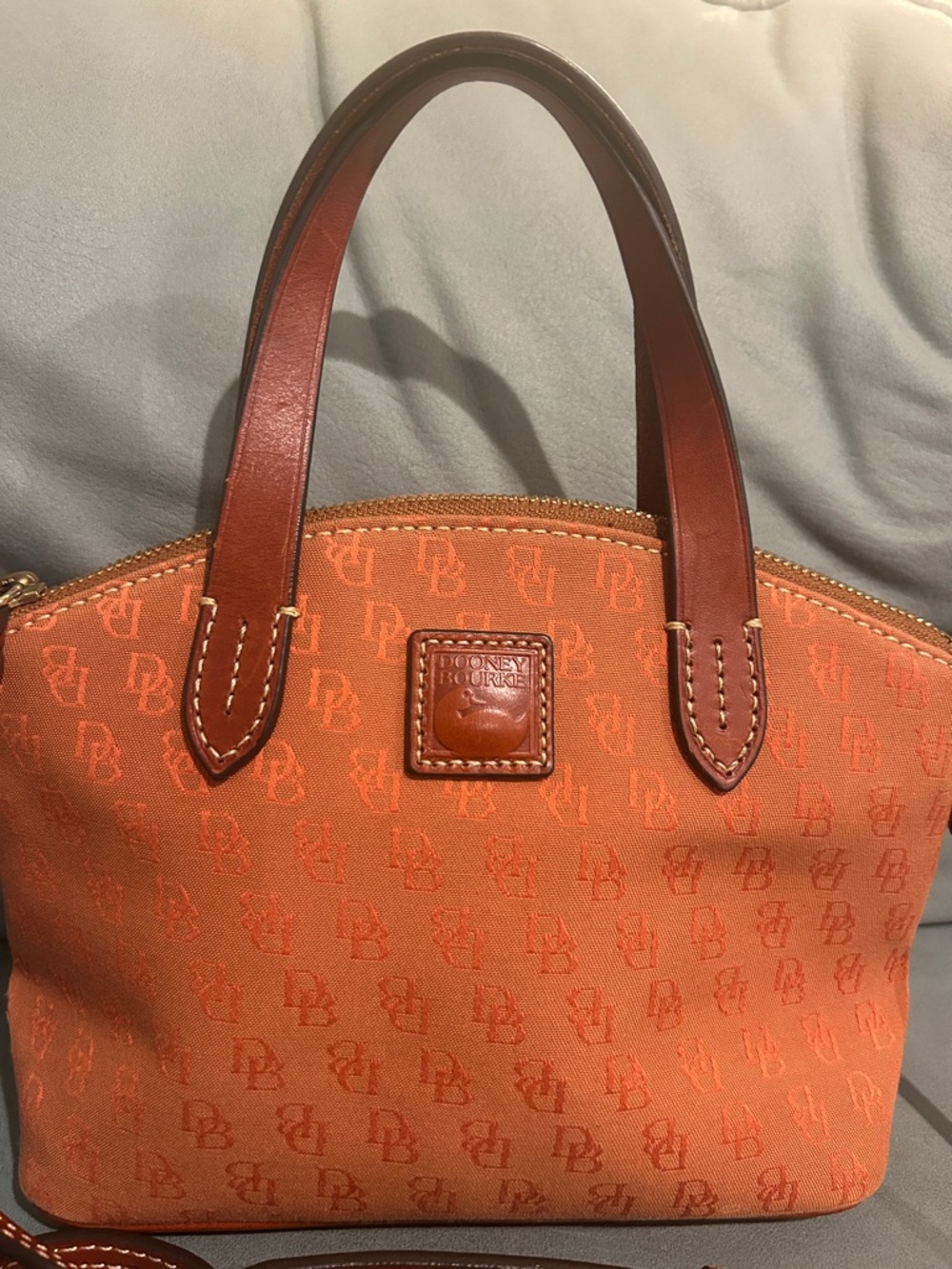 Dooney & Bourke Ruby Mini Satchel Orange Logo Dome Crossbody with Brown Trim - Picture 2 of 5